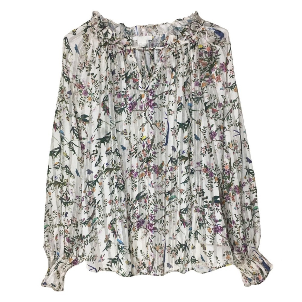 H&M Women’s Floral Bird Printed Sheer Long Sleeve Blouse | Size US 6 (EUR 38)